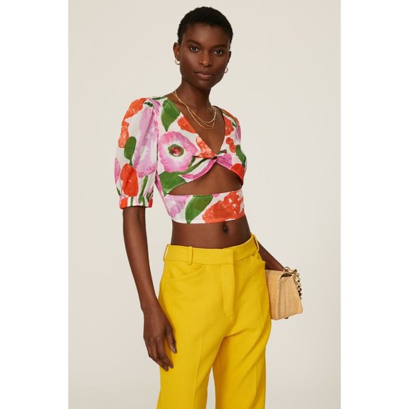 Banjanan Tops - Banjanan Floral Aurora Puff Sleeve Cutout Crop Top Women's Size Medium M